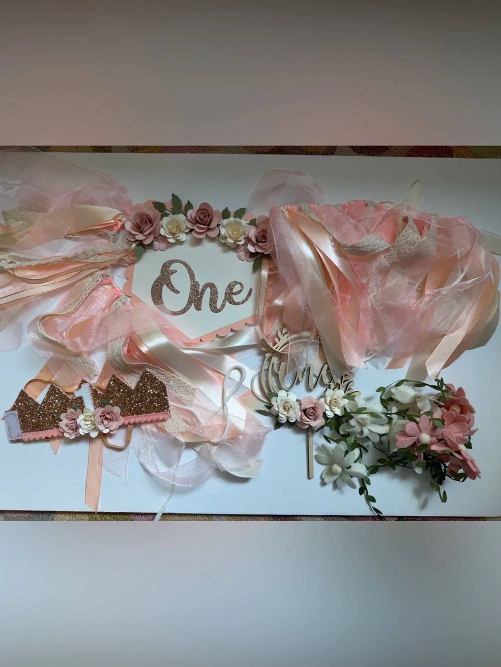 Wildflowers Peach and Cream Floral First Birthday Banner & Cake Topper Set of 4